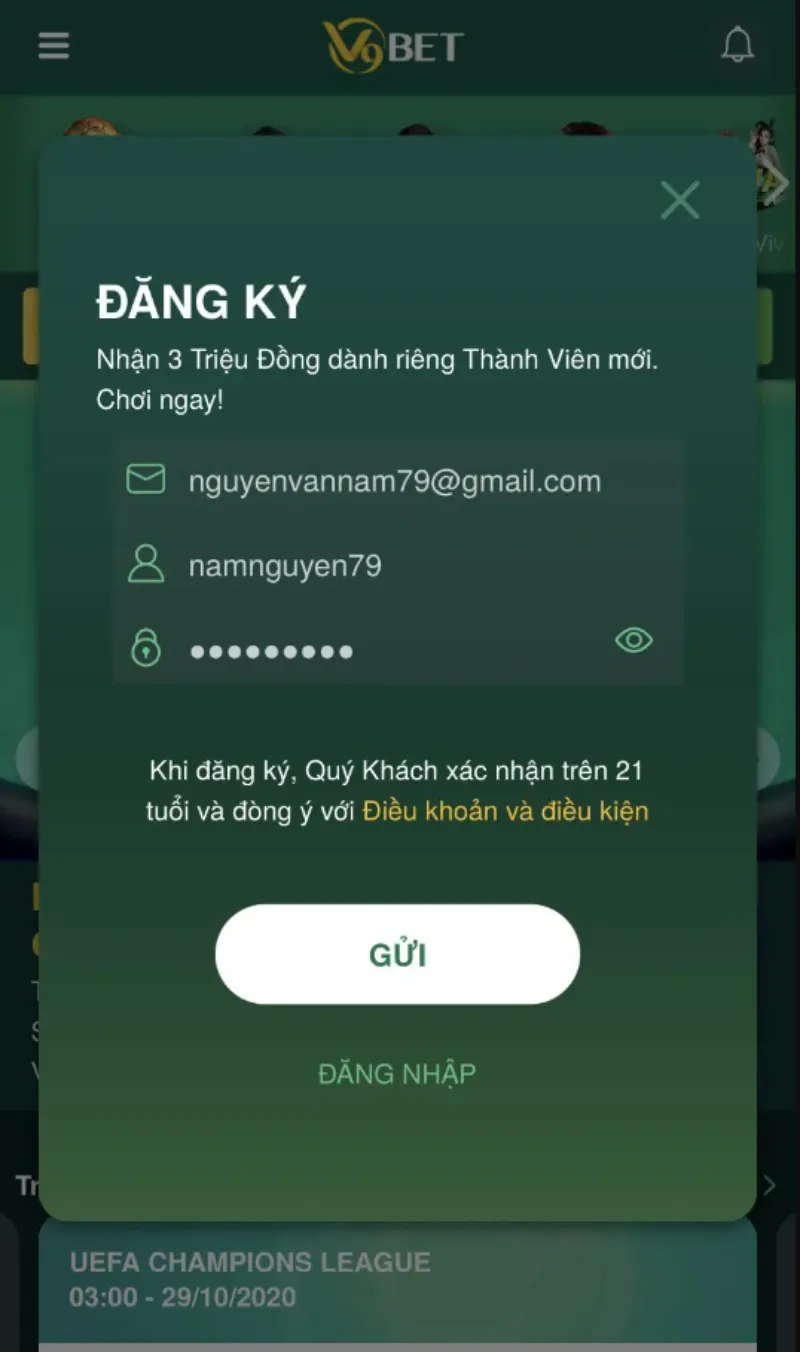 Biểu mẫu đăng ký V9Bet