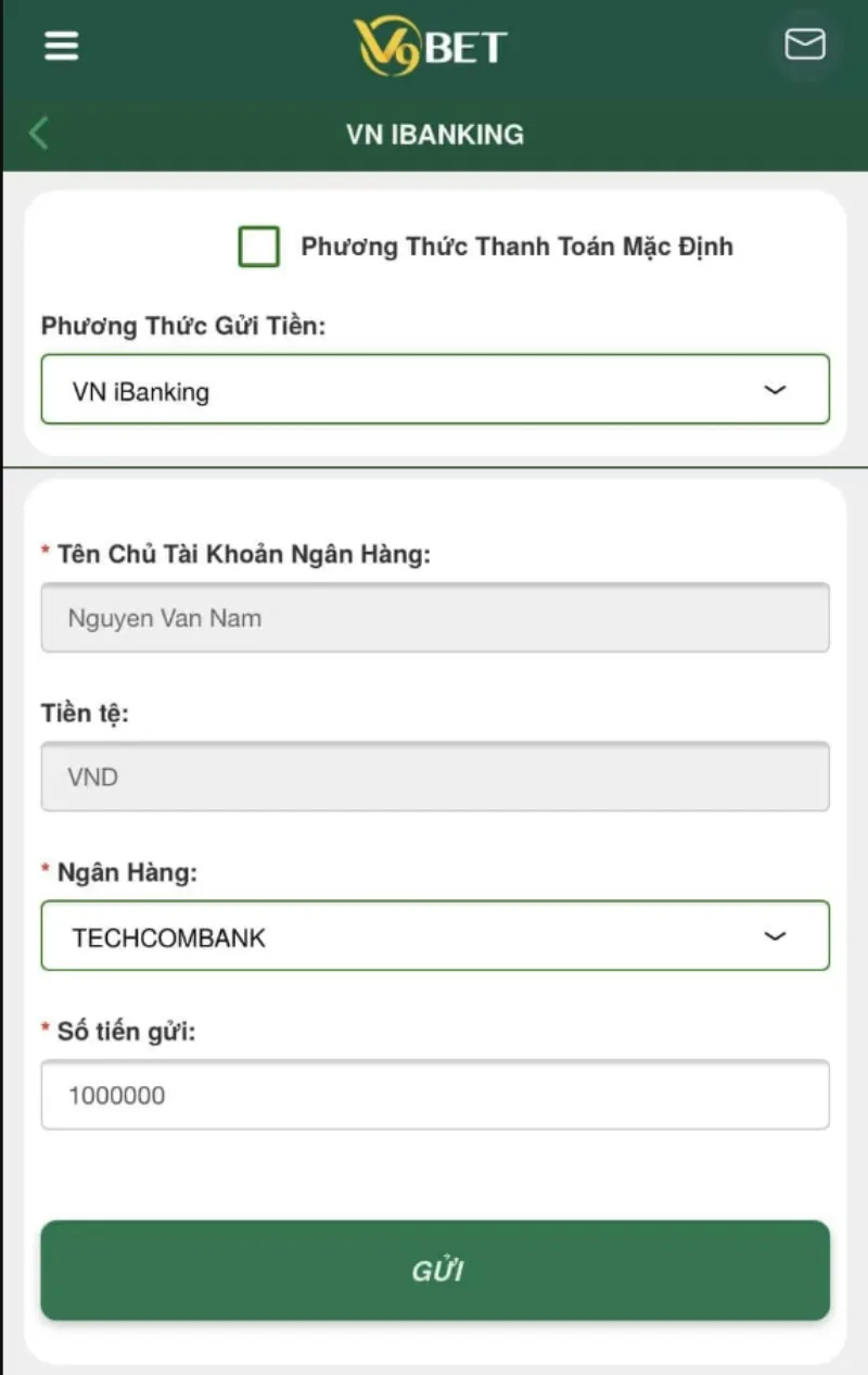 Giao diện nạp tiền V9Bet