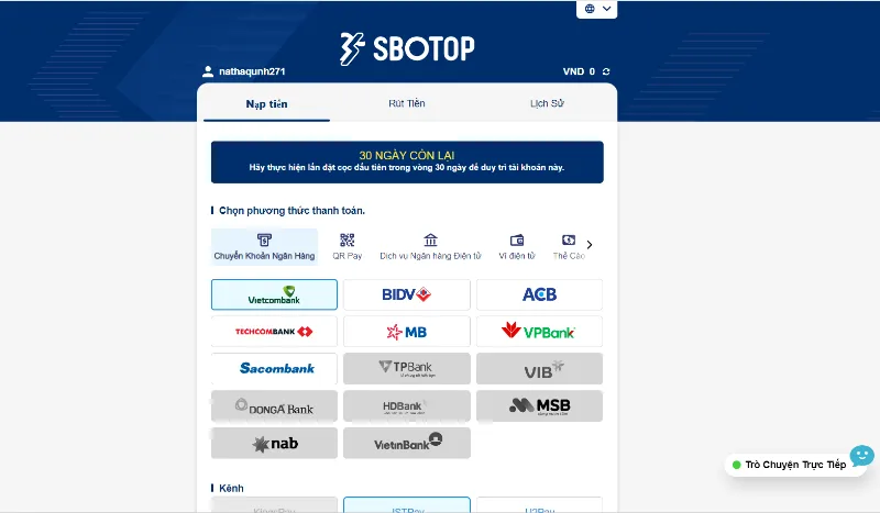 Giao diện tại nhà cái Sbotop khi nạp tiền