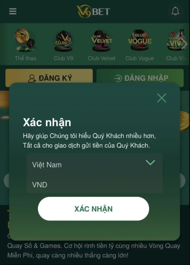 Lựa chọn quốc gia và tiền tệ tại nhà cái V9Bet