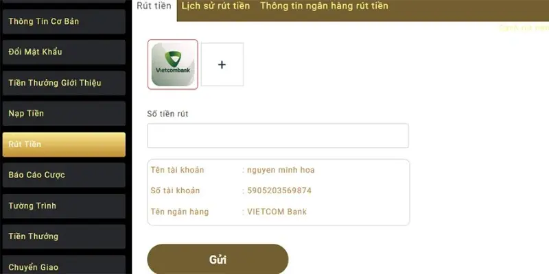 Chọn mục "Rút Tiền" trên công cụ hoặc tương tự trong giao diện